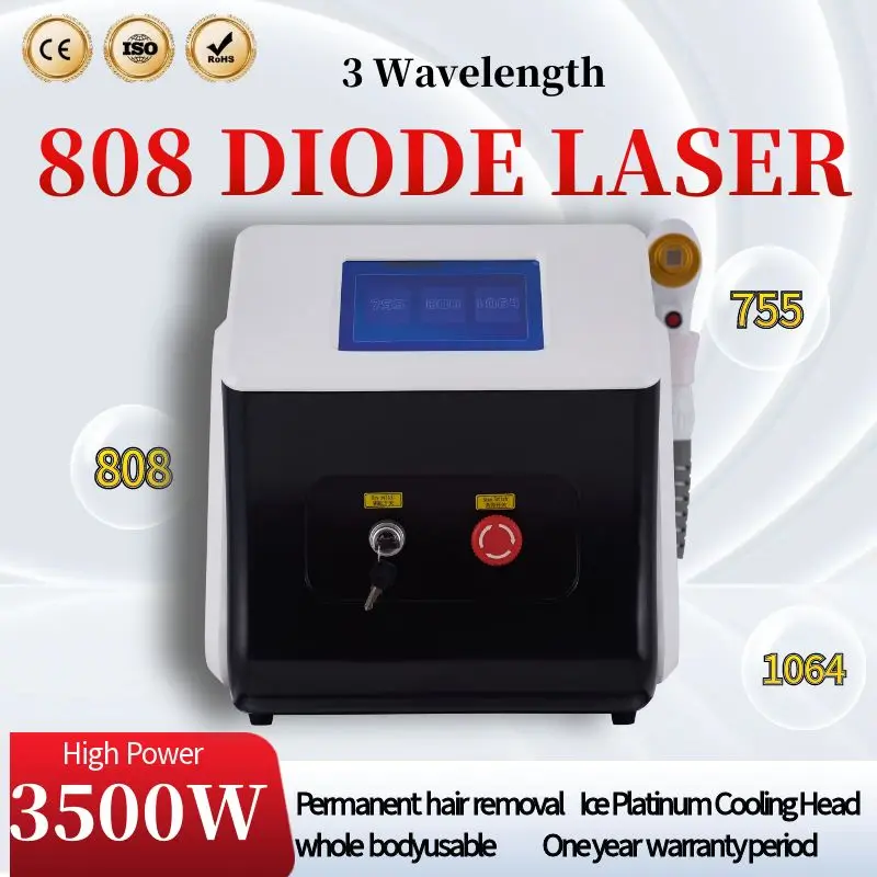 Máquina portátil da remoção do cabelo do laser do diodo da onda 808nm 3 depilação rápida painfree máquina de rejuvenescimento da pele 755nm 808nm 1064nm