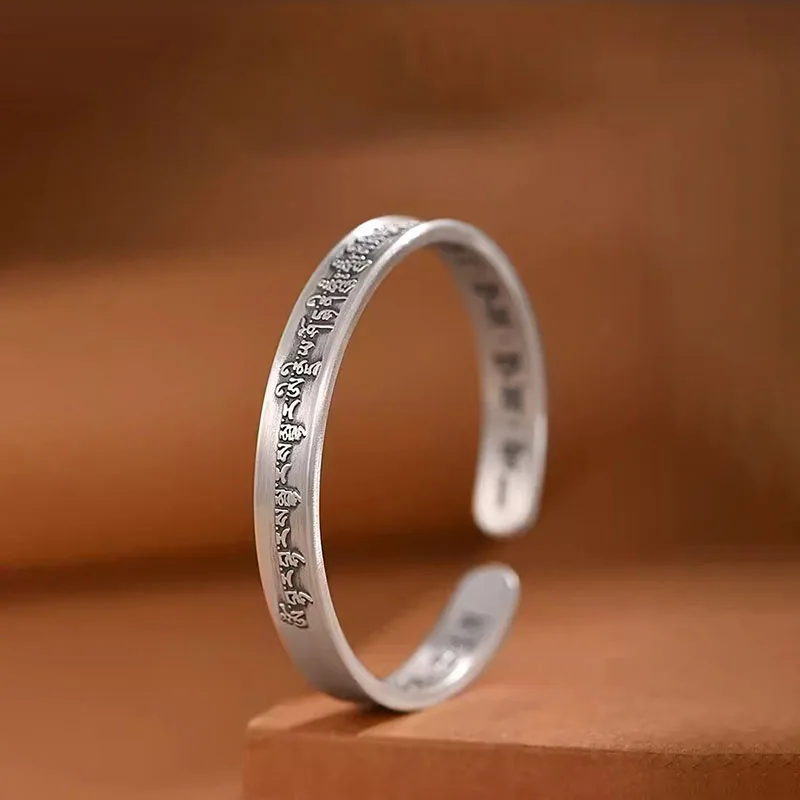 Simple Classic Men's and Women's Embossed Design Engraved Sanskrit Heart Sutra Bracelet Vintage 999 Silver bangles Open Jewelry
