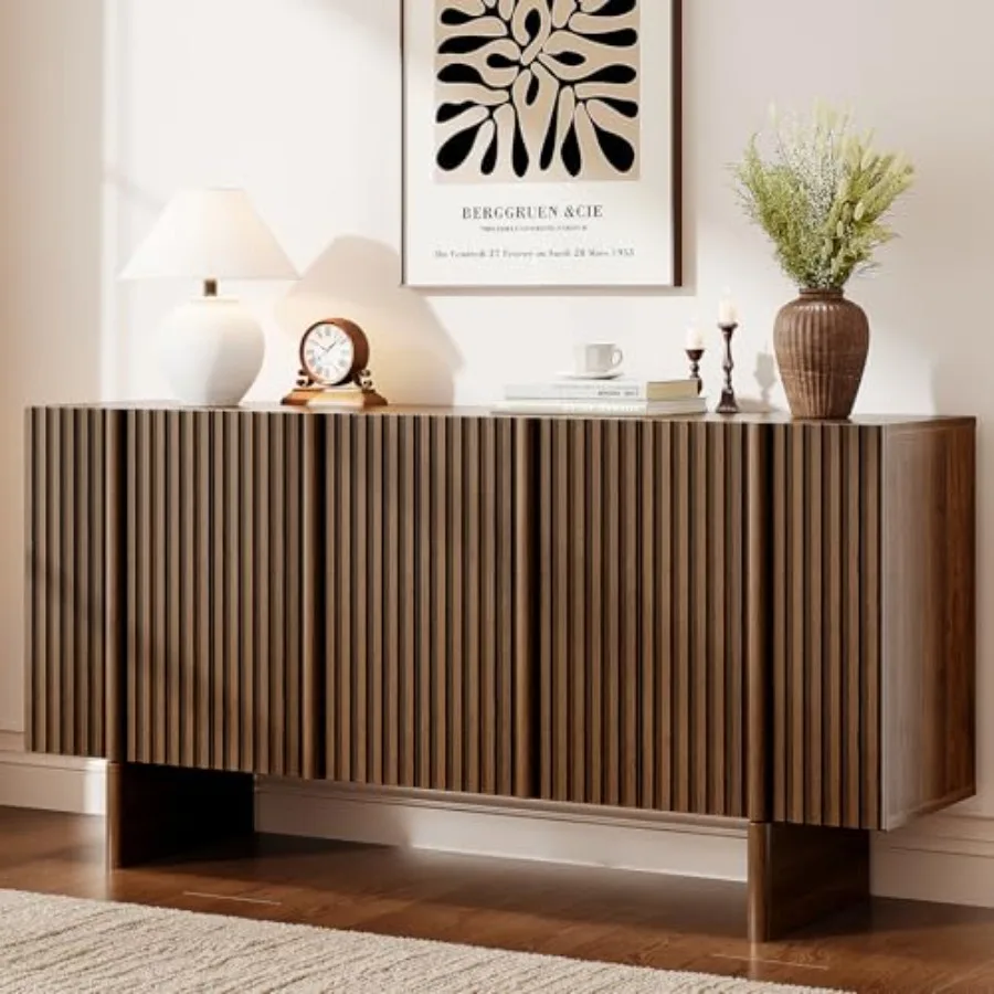 63 Fluted Sideboard Cabinet with Storage Adjustable Shelves for dining room, wood veneer, walnut finish, elegant fluted texture