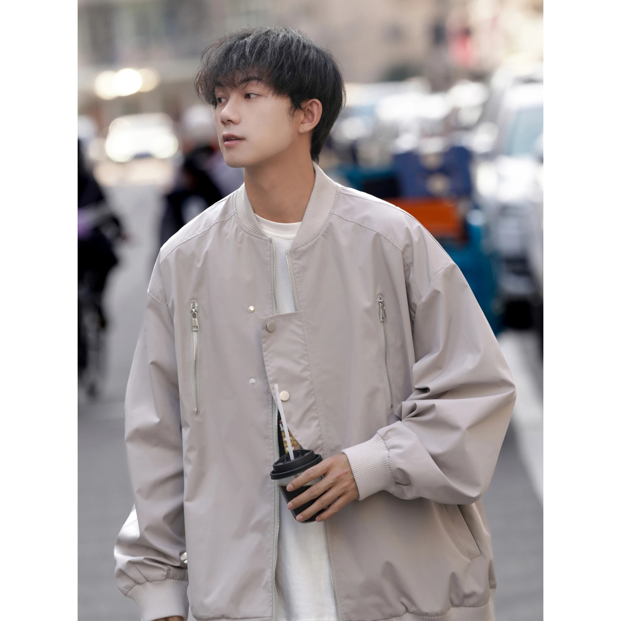 

American Sle Loose Men's Baseball Jaet Vintage Faion High-End Feeling Pilot Coat Long Sve Zipper Closure Polyester