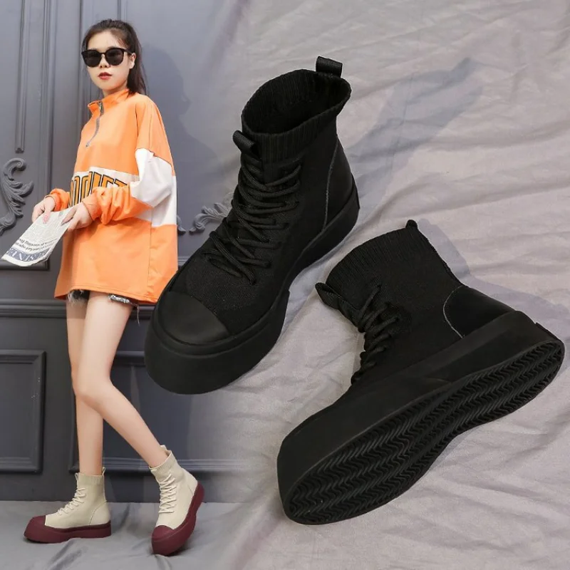 High-top Cloth Shoes Spring and Autumn Leisure Thick Bottom Ins Tide Breathable Socks Short Boots Women\'s Shoes Single Boots