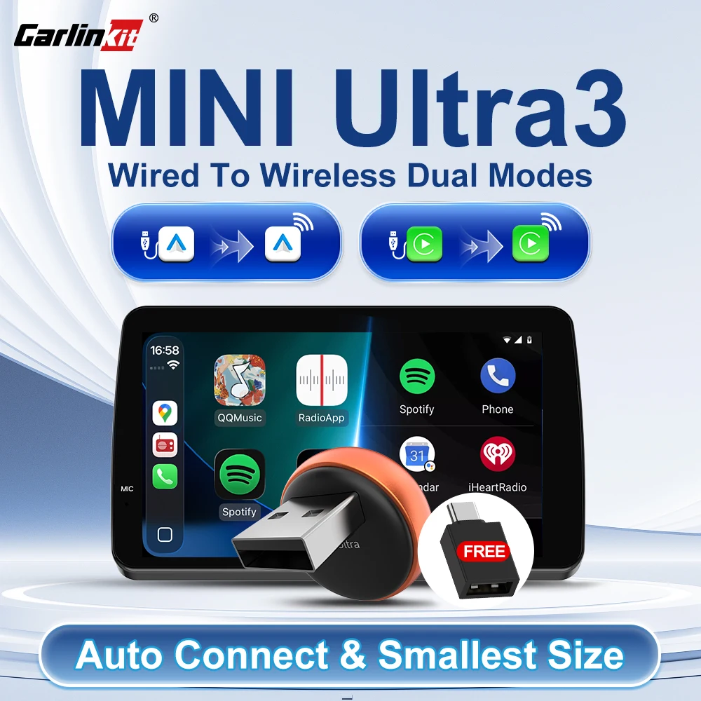 CarlinKit 5.0 Wireless CarPlay Adapter Mini Ultra 3 Wired To Wireless Android Auto Box USB Plug & Play WiFi Auto Connection OTA