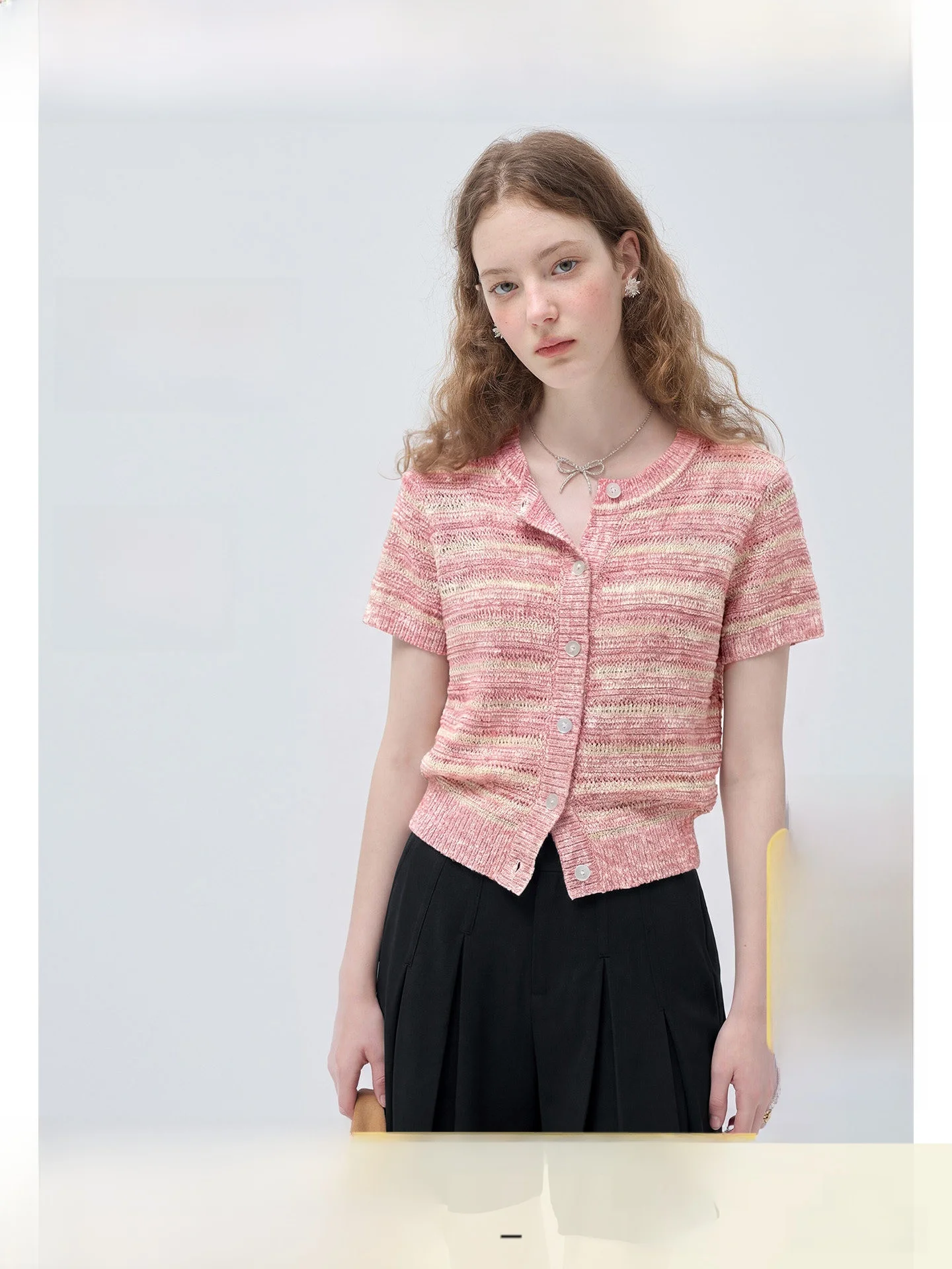 

plus Size Women's Striped Color Block Short Sleeve Knitted Open Cardigan Hollow out Waist Cinched Summer New Style Rui Ge