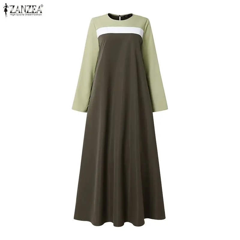 ZANZEA Fashion Muslim Abaya Dress Women Long Sleeve Color Block Patchwork Sundress Kaftan Ramadan Maxi Robe Islamic Clothing