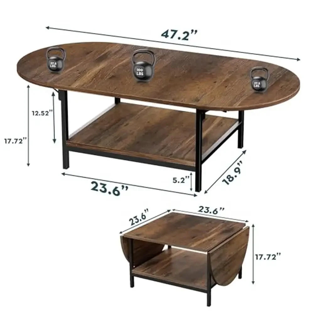 Retro 2-Tier Extendable Coffee Table Farmhouse Living Room Center Table Storage Shelf Rustic Brown Wood Top Metal Legs