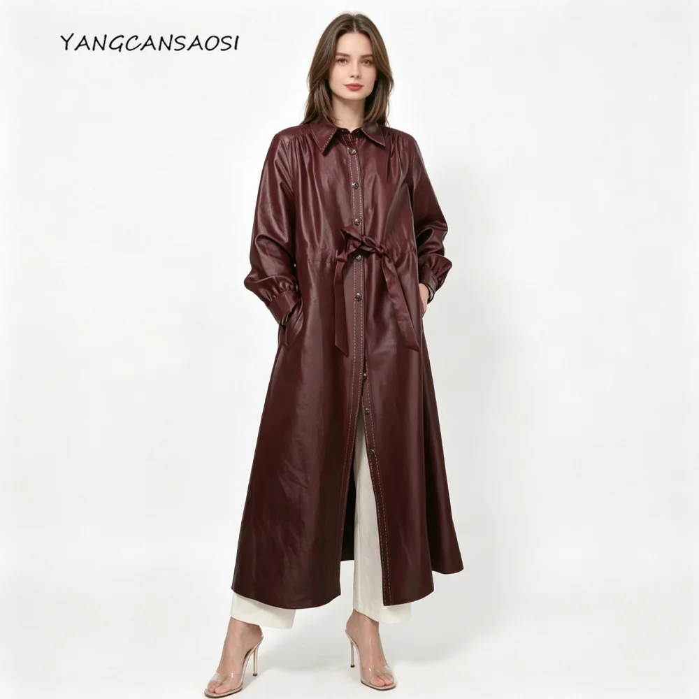 2026 Women's Fashion Autumn New Red 100% Natural Mulberry Silk Gambiered Guangdong Gauze Single Breasted Bright Line Windbreaker