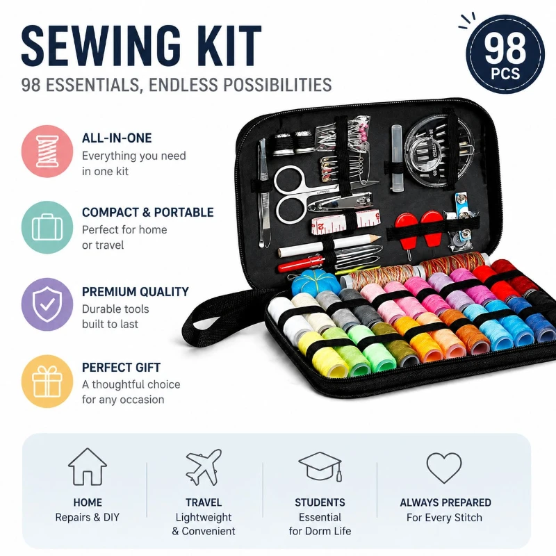 68/98PCS Sewing Accessories Tool Set,Sewing Craftwork Kit, Useful & Portable Sewn Repairing & Sewing Set,Ideal for Home & Travel
