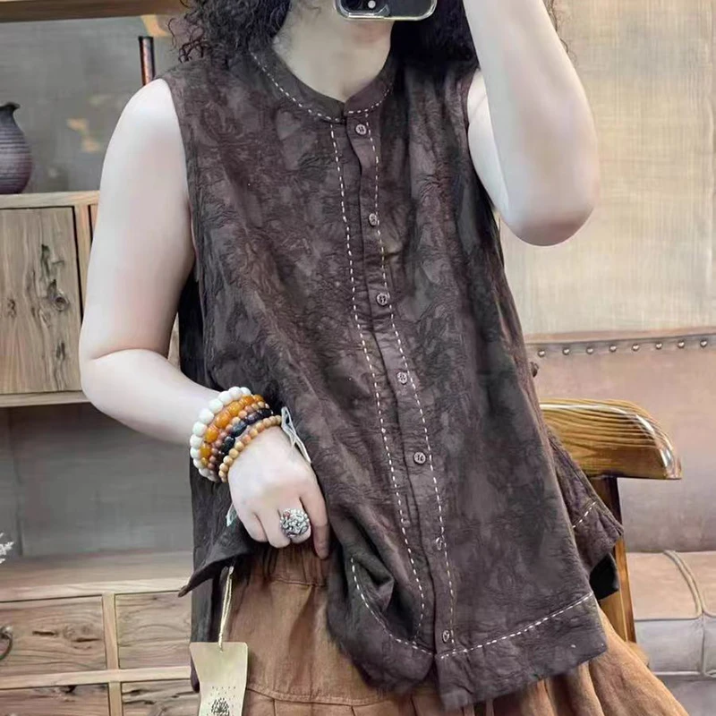

Summer New Arts Style Women Single Breasted Sleeveless Loose Vest Coat Side Single Button Design Jacquard Cotton Linen Vests TL9