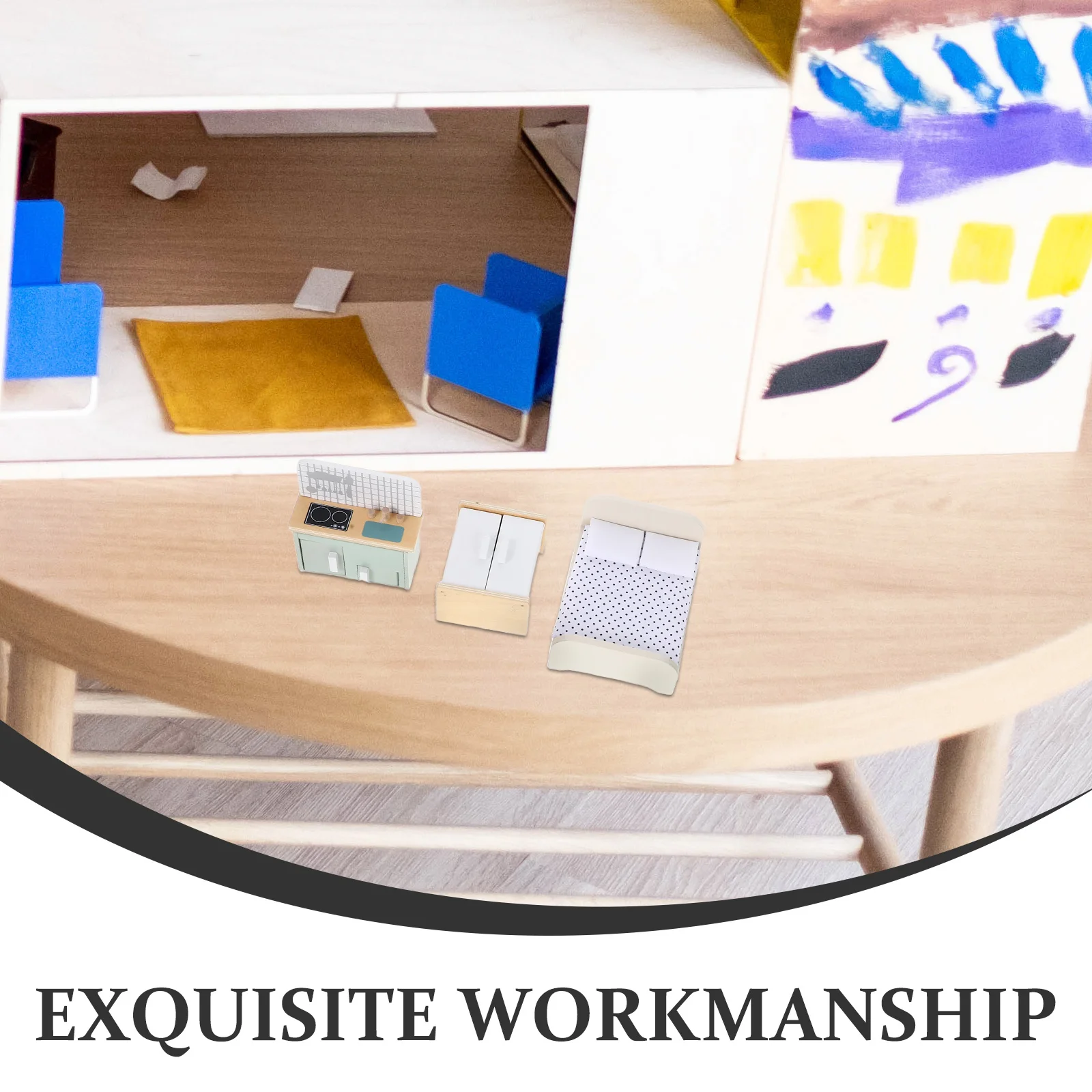 1 set mini-meubels houten poppenhuis keuken slaapkamer badkamer speelset voor kinderen fantasiespel klein huis simulatieaccessoires