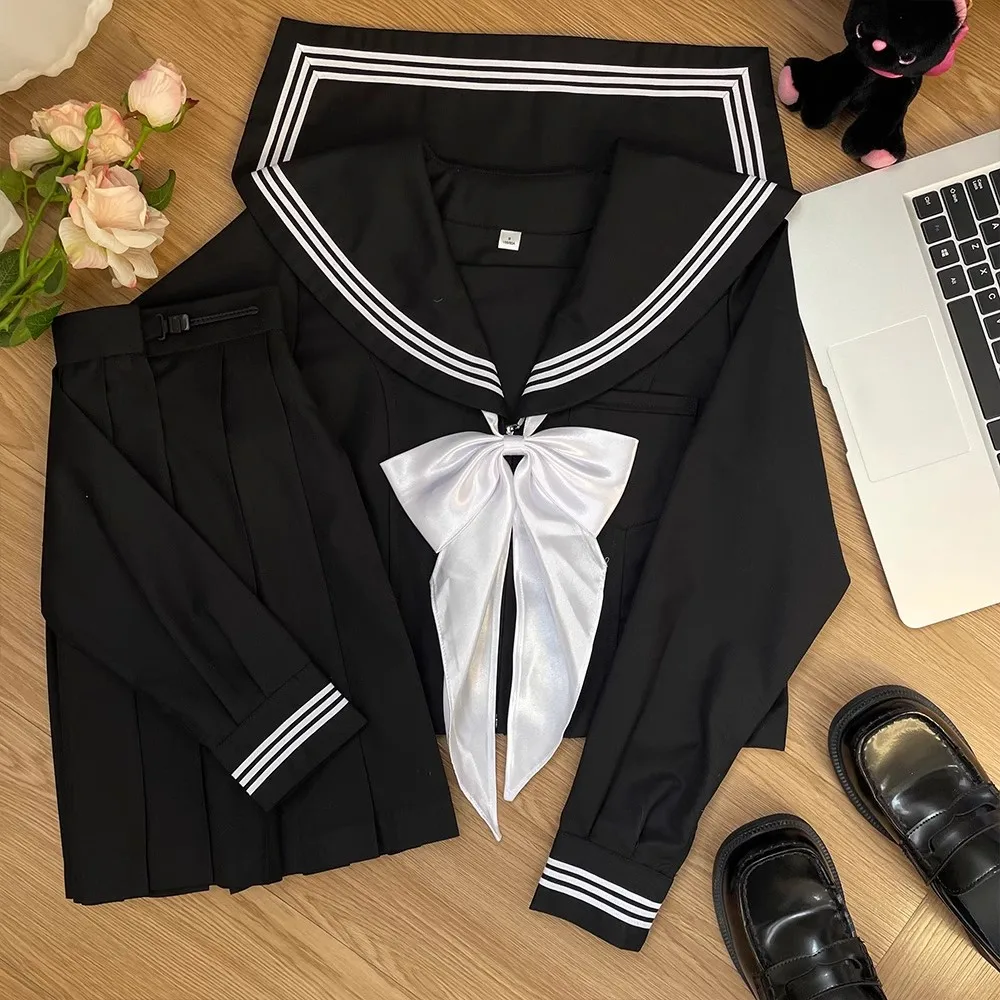 Uniforme da marinaio in stile giapponese Sailor nero Fuku Jk Uniforme scolastica Abbigliamento da marinaio per scuola superiore da donna Top Gonna a pieghe Seifuku