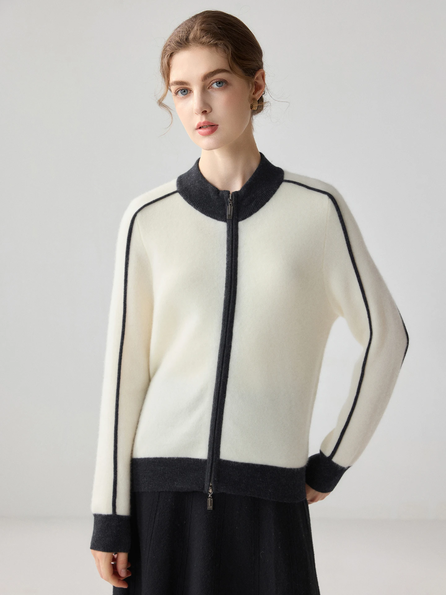 TLOML New Women‘s 100% Cashmere Sweater Mock Neck Double Zip Cardigan Autumn Winter Cashmere Knitwear Casual Color Blocking Tops