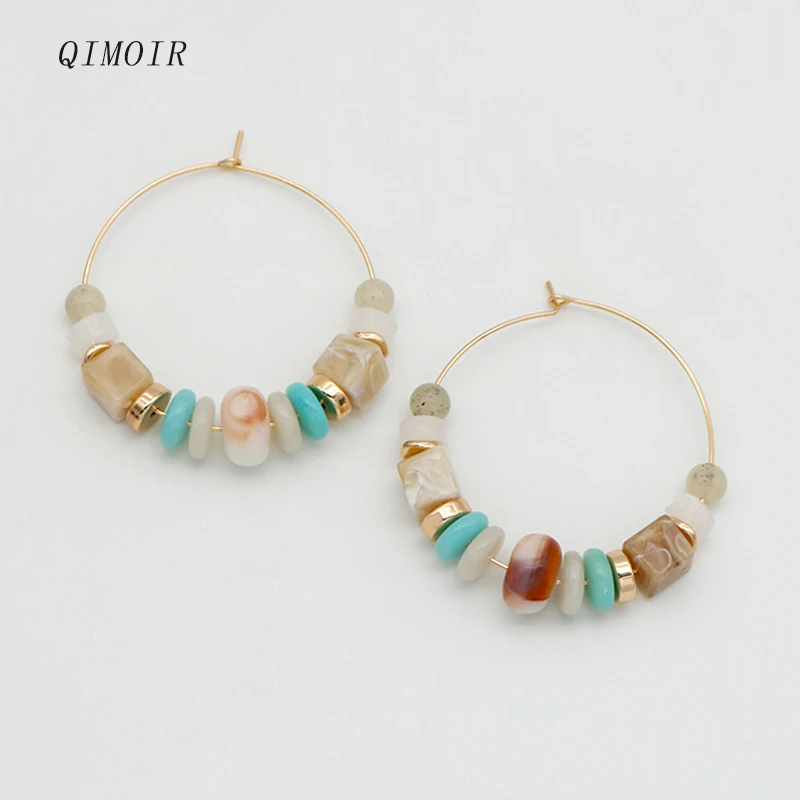 Bohemia Hoop Earrings For Women Multi Colors Green Brown Resin Acrylic Beads Big Copper Circle Studs Fashion Jewelry Girl C1063