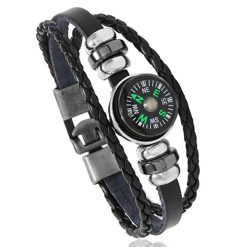 

Vintage Compass Glass Dome Bracelet, Multilayer Woven Leather Snap Button Bangle for Men