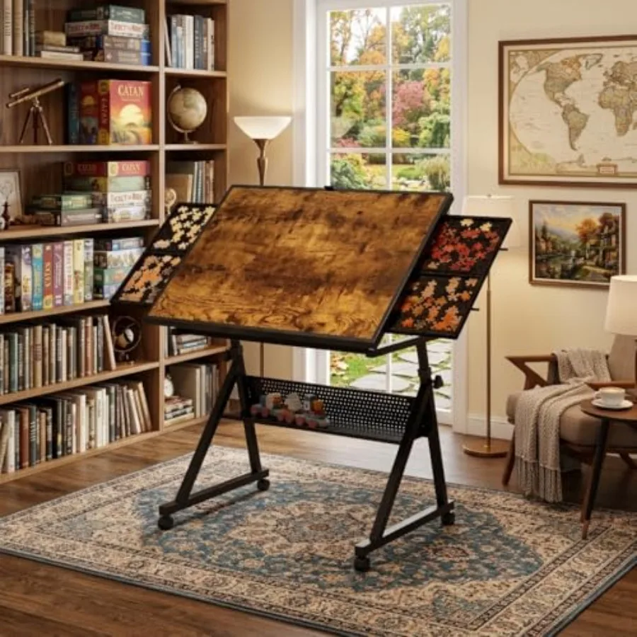 

1500 Piece Jigsaw Puzzle Table for Adults with Adjustable Height and Angle, 4 Felt Storage Trays, Protective Wooden Cover, and