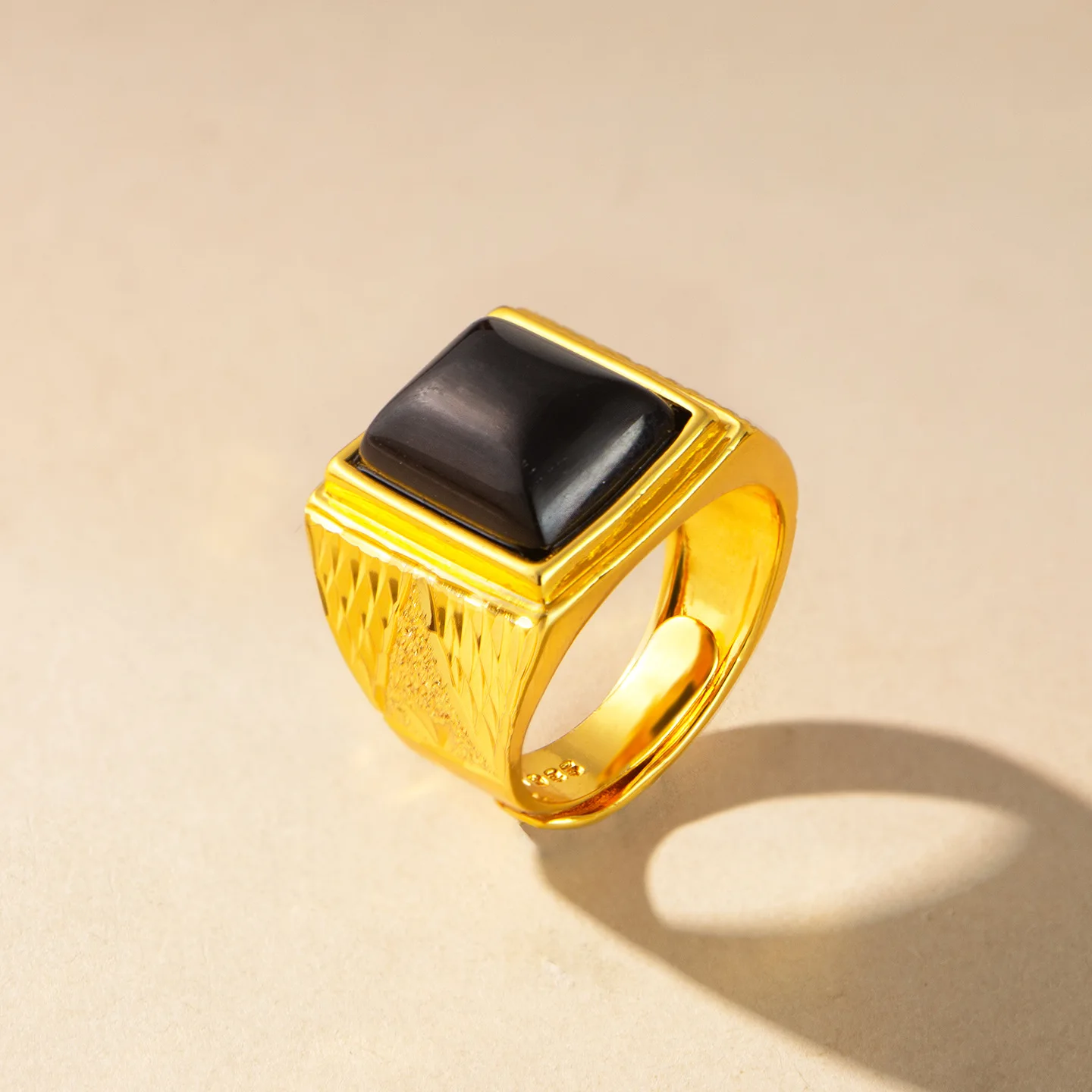 

New 24K real gold inlaid obsidian ring for men with stylish opening and adjustment 9999 ring