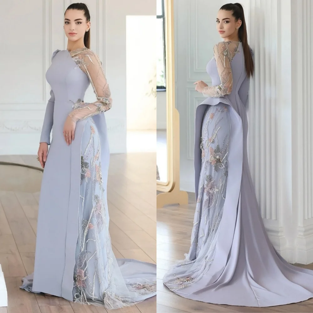 

Customized Casual Simple Jersey Sequined Flower A-line Scoop Neck Long Dresses Bespoke Occasion Fashion