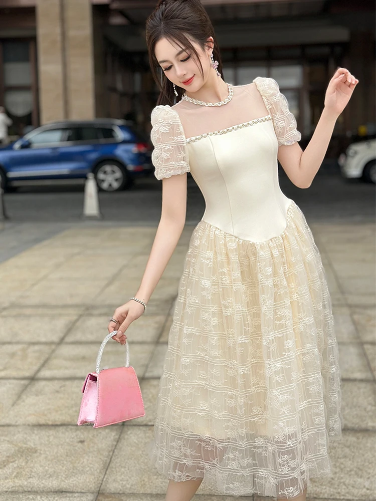 Women Clothes Gown Evening Sweet Lace Floral Sexy Puff Sleeve Corset  A-Line Dress Elegant Luxury Fashion Party Prom Vestido New