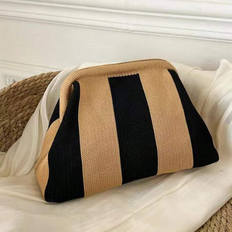 Summer Beach Clutch Bag Women Woven Crochet Handbags Purses Knitting Dumpling Clutch Ruched Cute Cloud Casual Colorblock Bag