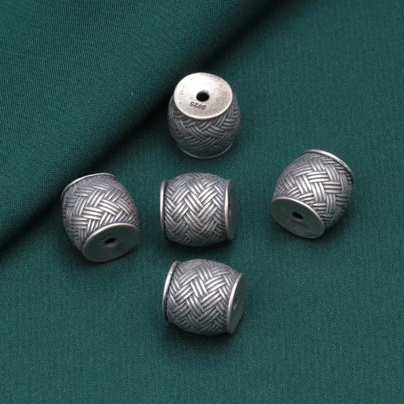 925 Sterling Silver Woven Drum Barrel Shape Spacer Beads Retro Thai Silver DIY Handmade Beaded Materials for Jewelry Making PZ14