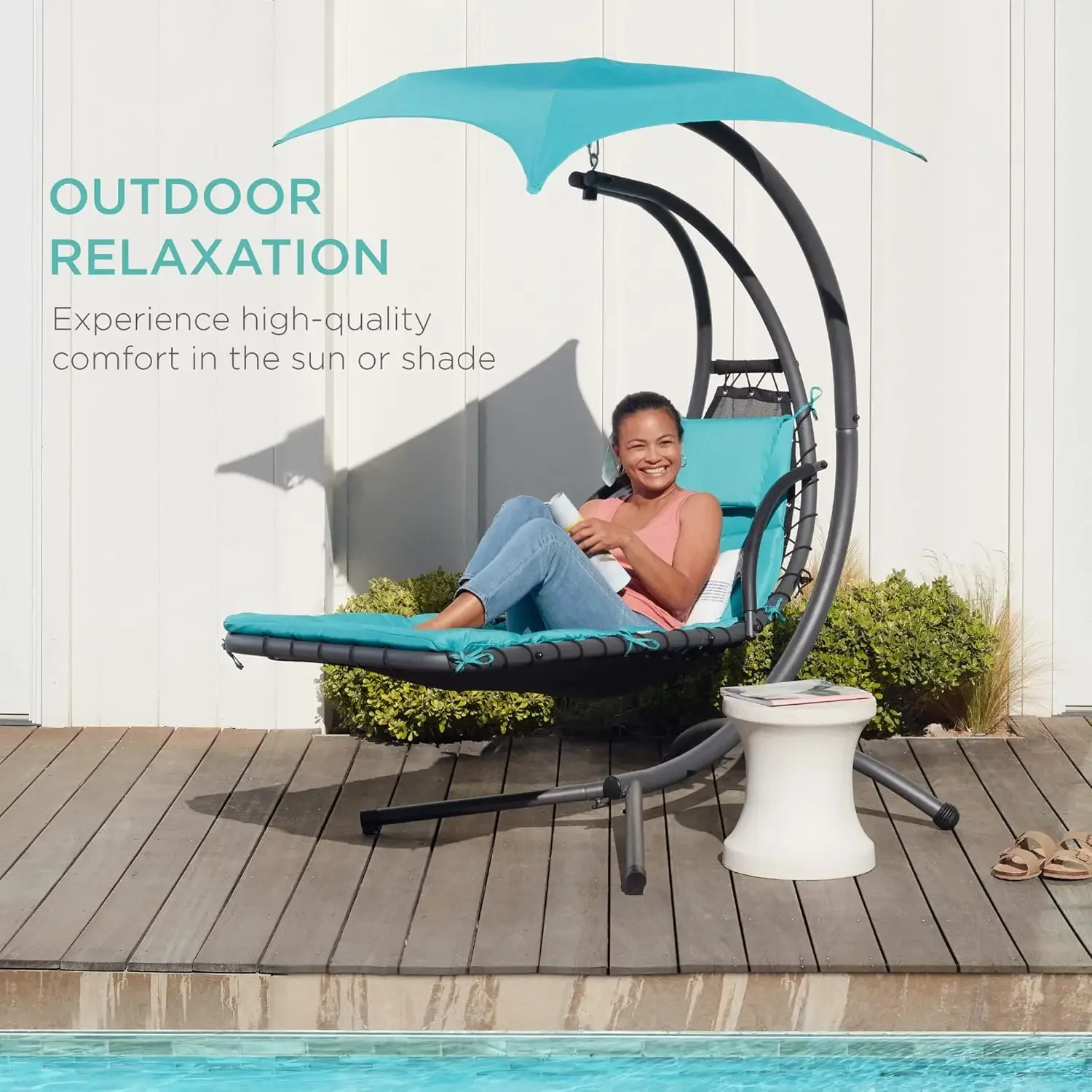 

Outdoor Hanging Curved Steel Chaise Lounge Chair Swing w/Built-in Pillow and Removable Canopy - Teal