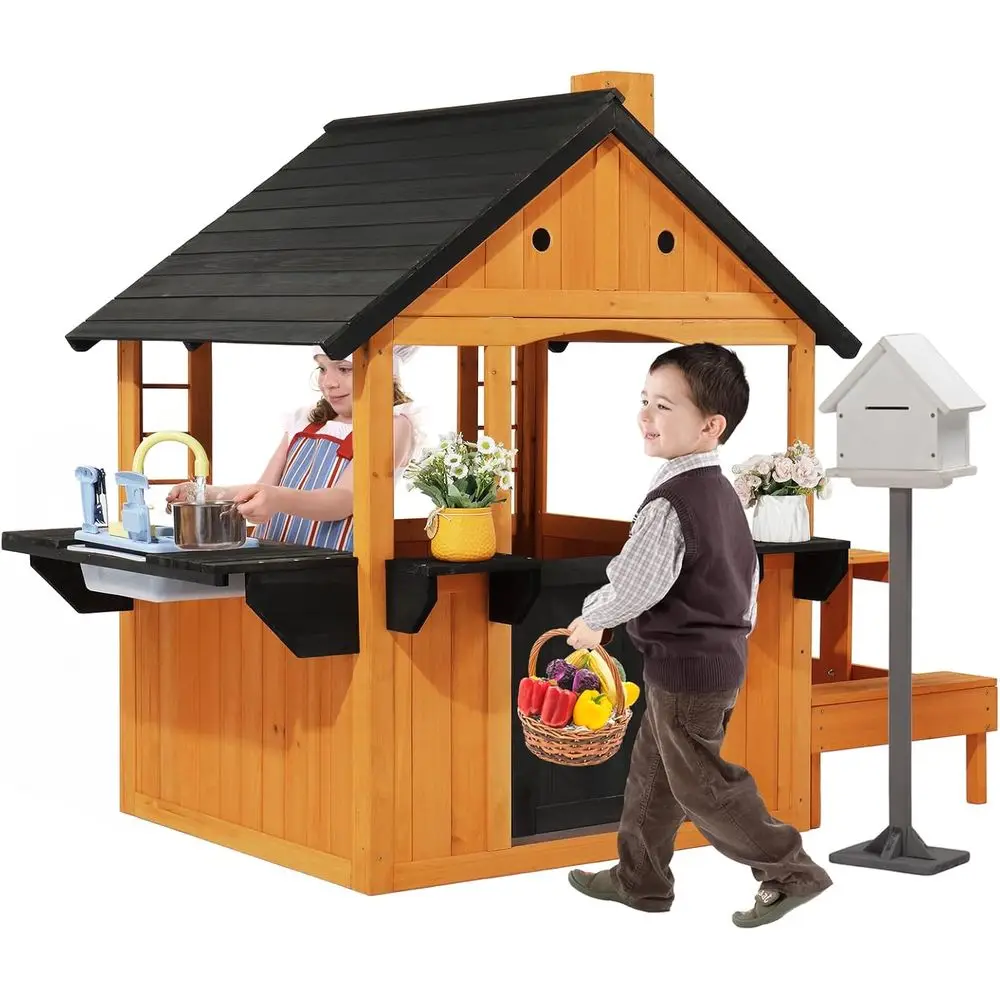 

MOR Kids Outdoor Playhouse with Sink Toys, Picnic Table, Mailbox, Spacious Wooden Toddler Playhouse or Backyard Kids 3-8Y DIY Ro