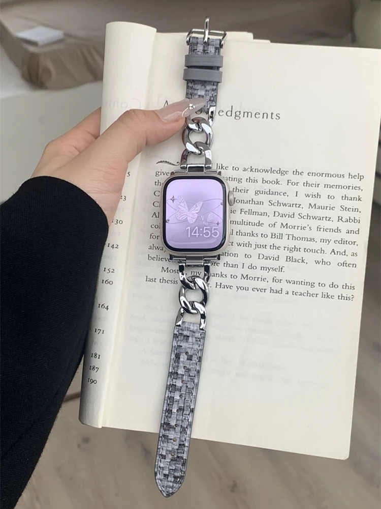 

Ремешок кожаный серебристый для iWatch 8 7 6 5 4 3 SE 2, металлический корейский браслет для девушек Apple Watch 41 мм 38 мм 45 42 44 40 49 мм, Лидер продаж 2023