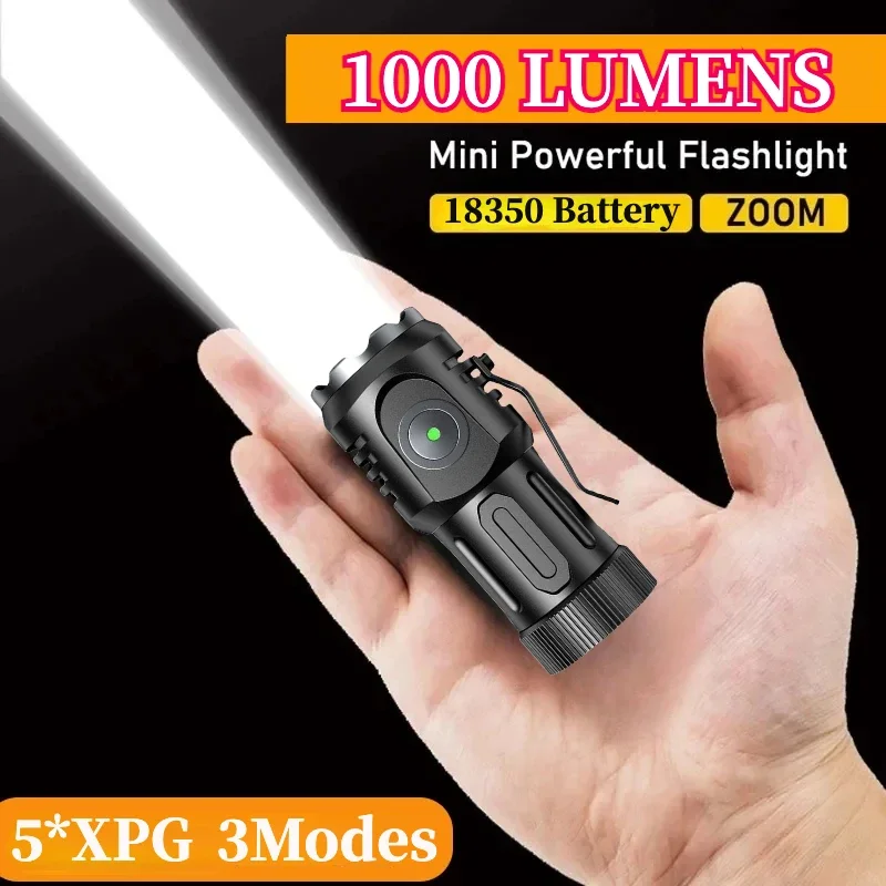 

High Quality 5*XPG LED Flashlight 18350 Super Bright Torch Rechargeable USB Light Waterproof with CAP CLIP for Hiking Camping