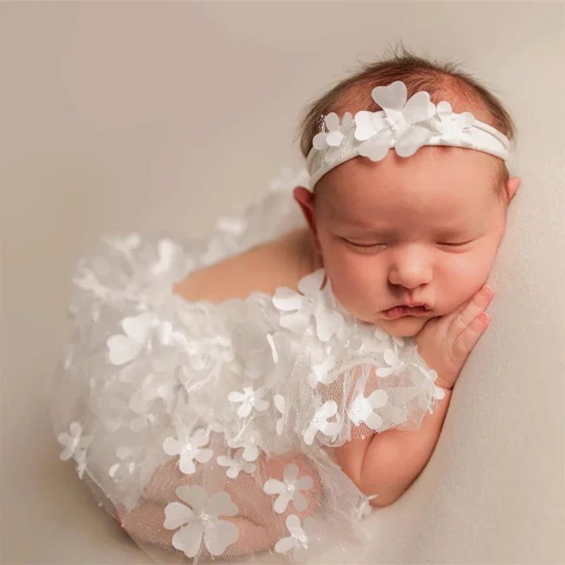 Newborn Photography 2 Pieces Set Girl Photography Outfits Embroidery Flower Romper Headband Baby Girl  Photo Shooting Clothes