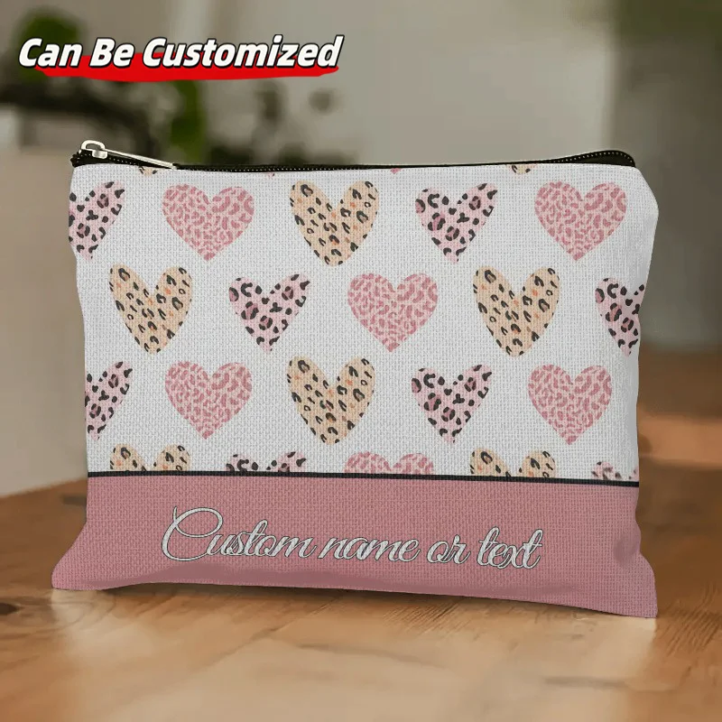 Custom Name Leopard Heart Zipper Pouch Pink Cheetah Print Heart Canvas Cosmetic Bag Personalized Travel Makeup Storage Pouch