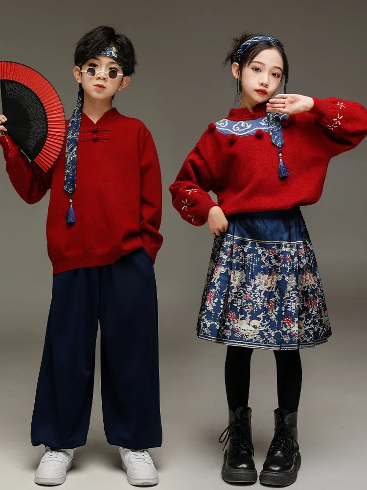 Jongens Rode Hip Hop Kostuum Rode Top Broek Paard Gezicht Rok voor Meisjes Kids Jazz Kleding Street Dance Stage Set