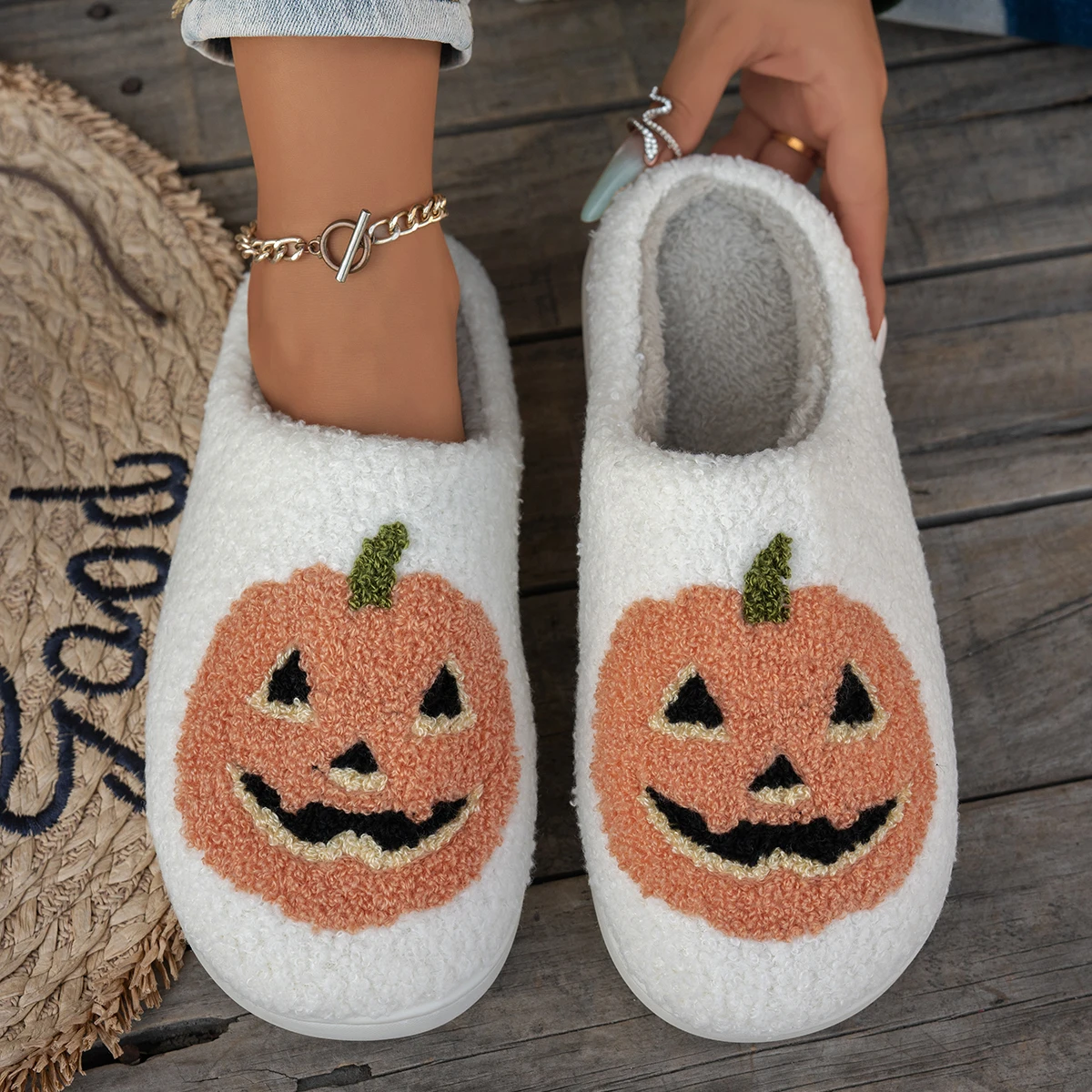 Halloween Slippers Cute Women's Winter Classics Pumpkin Indoor Cartoon Comfort Home Men Soft Causal Flat Plush Shoes for Gift