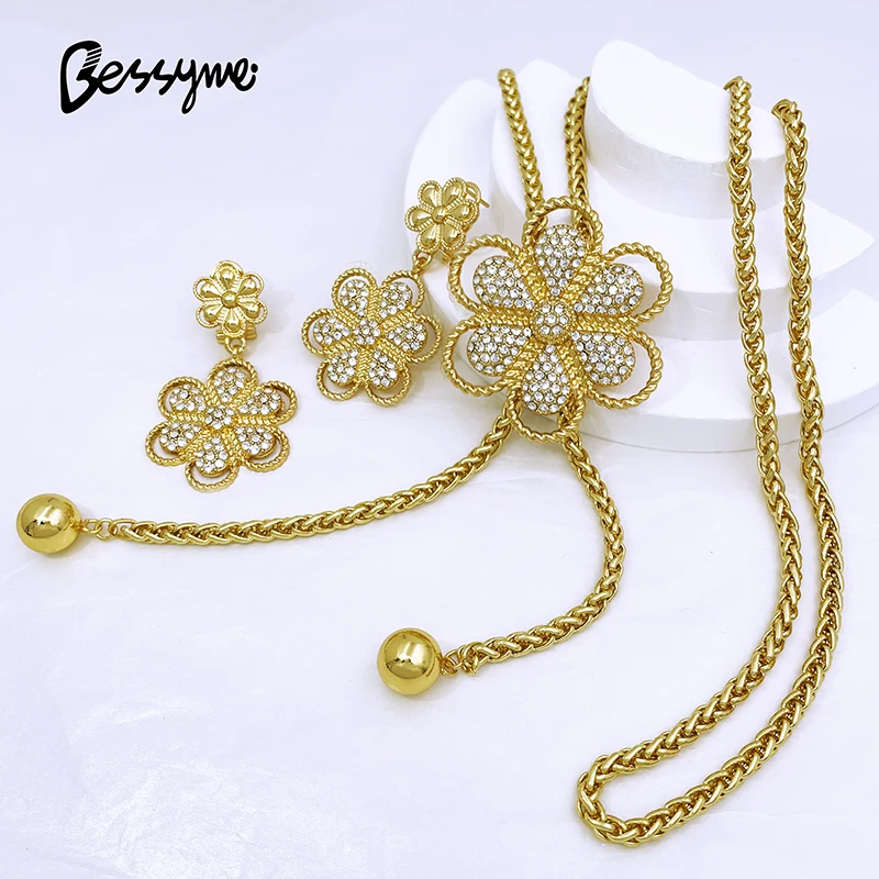 Women Necklace And Earrings Set Long Chain Flower Pendant Adjustable Length Wedding Party Gift