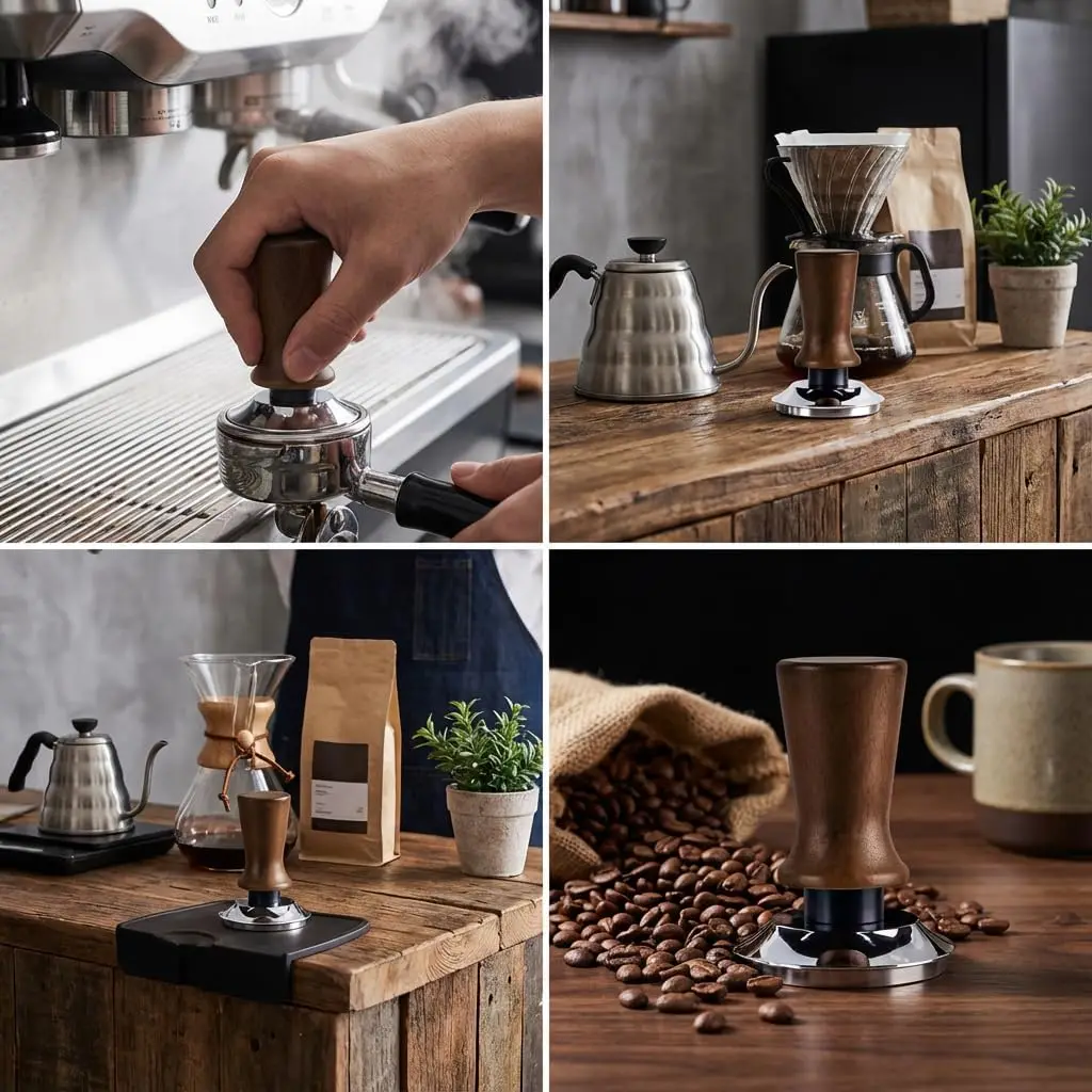 Calibrated Constant Pressure Coffee Tamper 51mm53mm58mm Wooden Handle Stainless Steel Spring Loaded Espresso Coffee Barista Tool