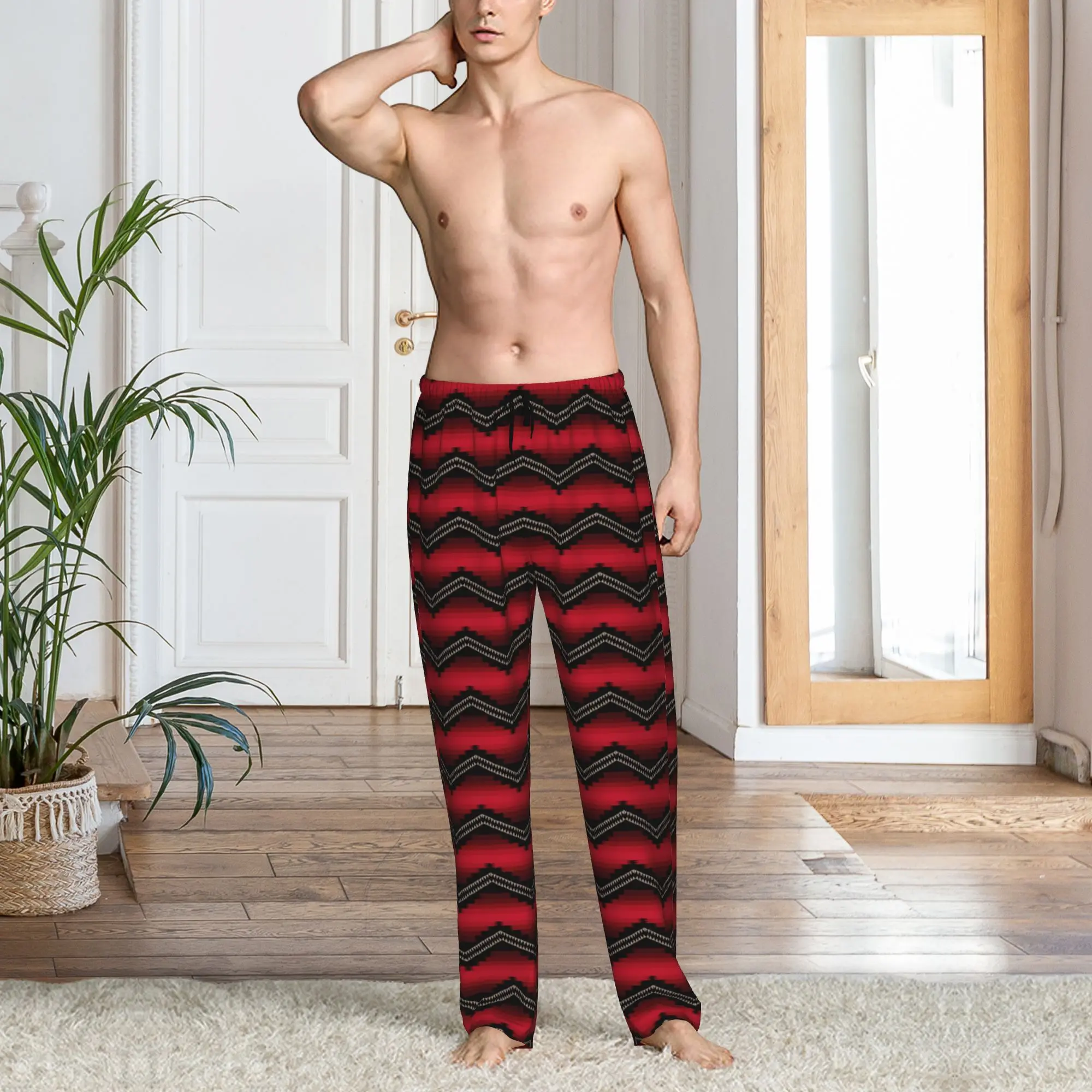 Custom Zigzag Pattern Native Western Aztec Pajama Pants Sleepwear for Men Elastic Waistband  Sleep Lounge Bottoms with Pockets view 6
