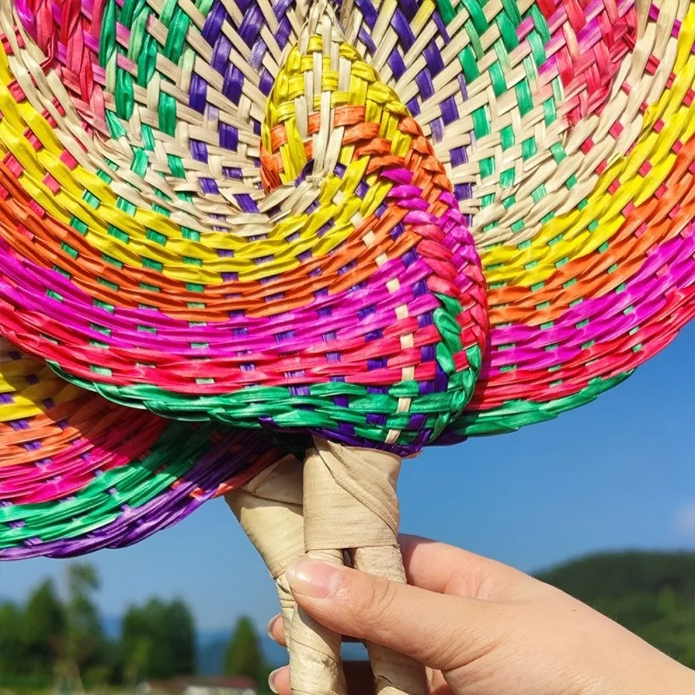1pc/2pcs Stylish Boho Style Palm Leaf Fan Colorful Round Lightweight Rattan Fan Natural Handheld Straw Fan Dancing Use