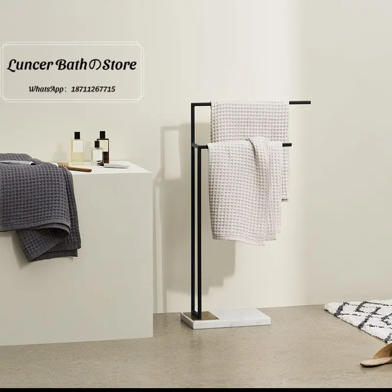 Solid Brass Black Marble Towel Rack, Light Luxury No Drilling Movable Bathroom Holder, Multifunctional Storage for Shower