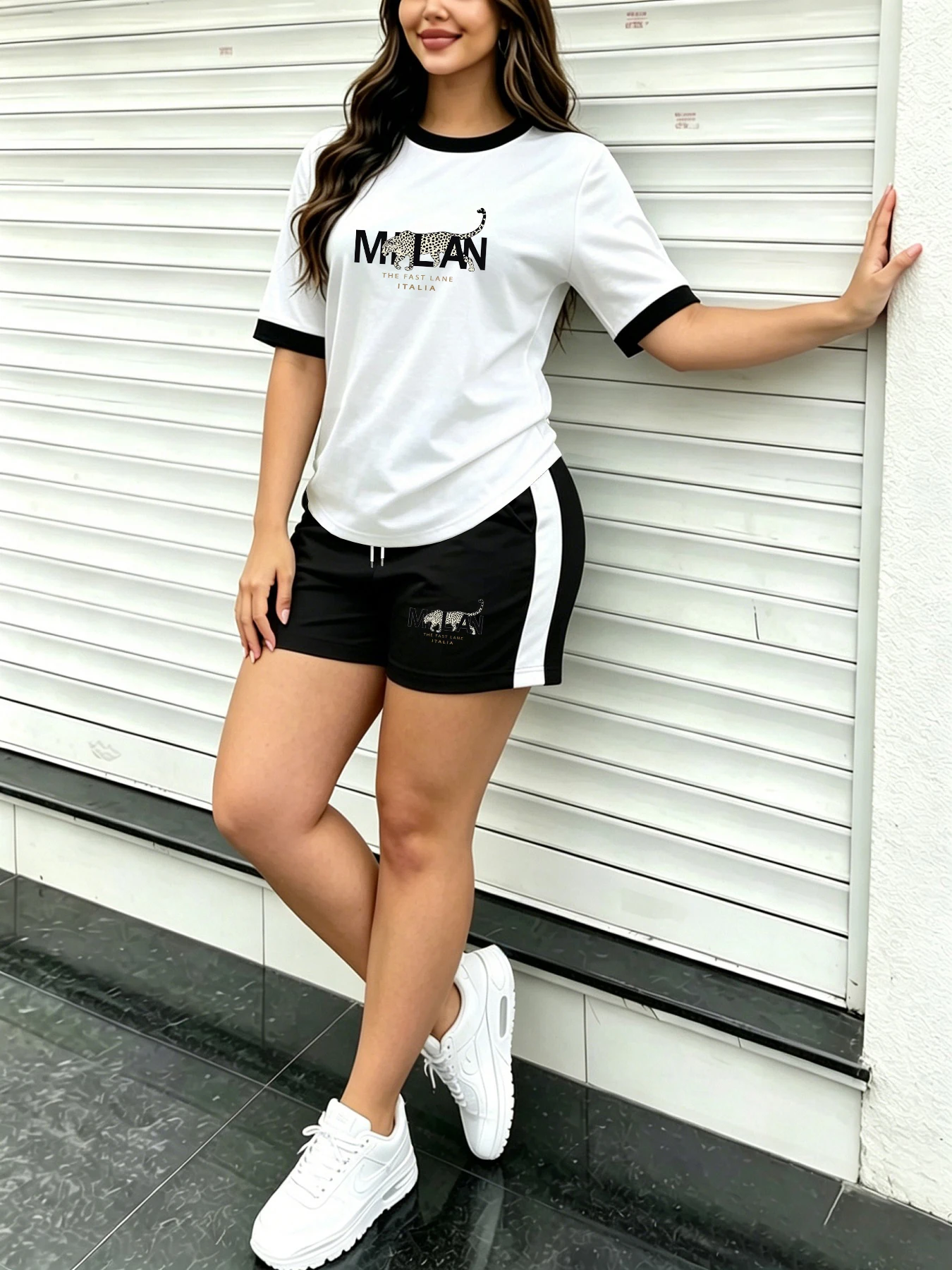 Trendy American-Style Women's Short-Sleeve Shorts Set, Leopard Print, Milan Letter Print, Color-Blocked Round-Neck Short-Sleeve T-Shirt, Side-Striped Shorts Two-Piece Set, Loose Fit, Everyday Home and Outing Outfit, Street Style Complete Outfit, Summer, Daily Casual Women's Wear