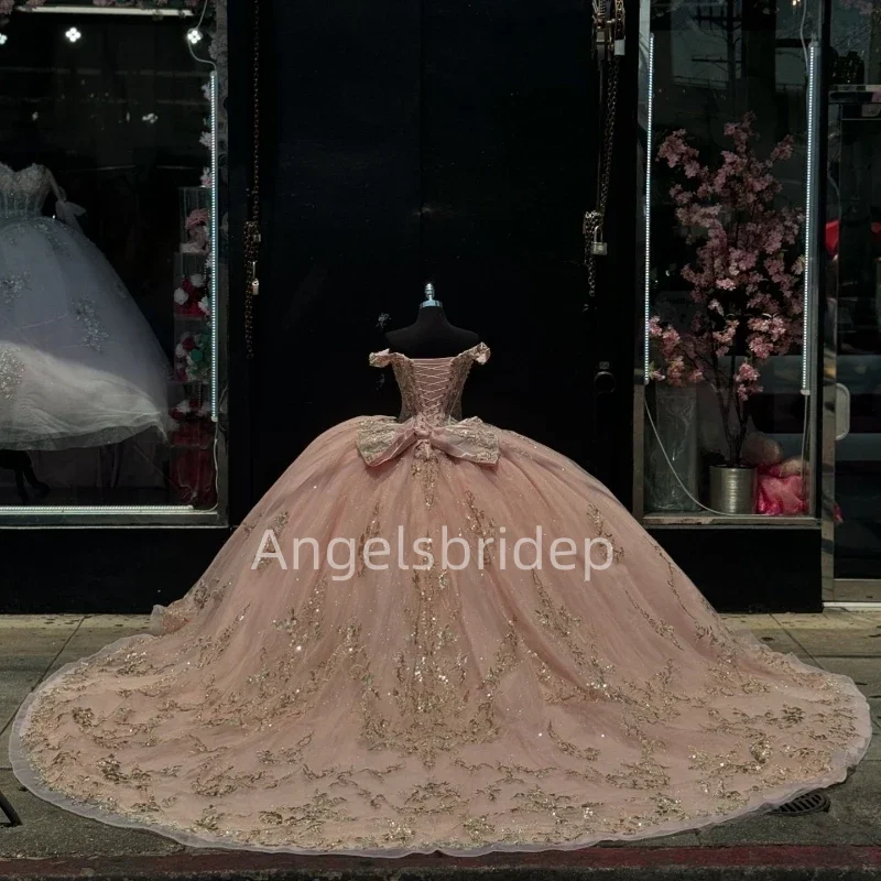 Angelsbride Customized Gorgeous Pink Ball Gown Quinceanera Dress With Gold Appliques Lace Beads Crystal Vestidos 15 De XV Años