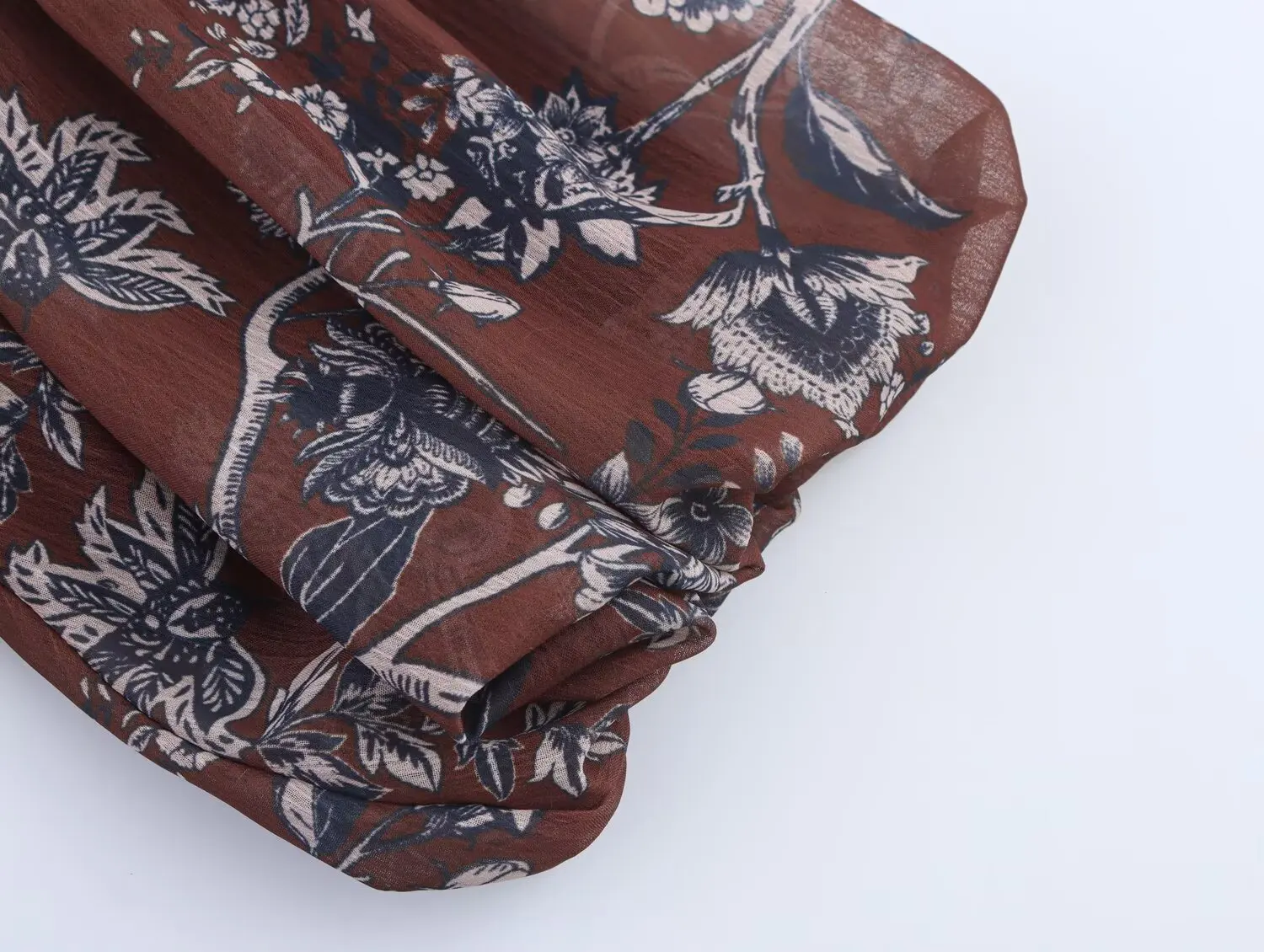 Women Ethnic Elastic Waist Puff Sleeve Midi Dresses Robe Flower Print O Neck Open Buttons Chiffon Shirt Dress