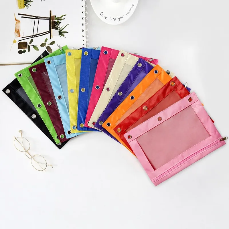 3-Hole Oxford Cloth Pencil Case, Large Capacity File Bag, Transparent Colorful Student Stationery Organizer