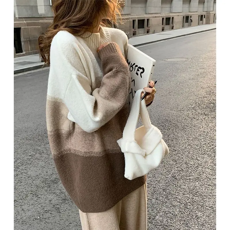 Lazy design niche high-end soft waxy sweater mid-length autumn and winter round neck knitted bottoming shirt for women y2k tops