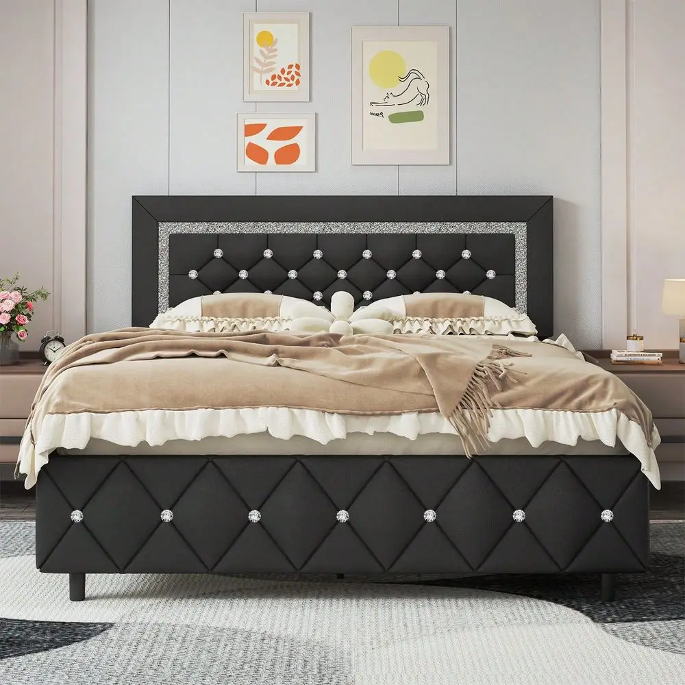 Full Queen King Size Bed Frame, Upholstered Bed Frame With Diamond Headboard And Footboard, No Box Spring Needed, Easy Assembly,