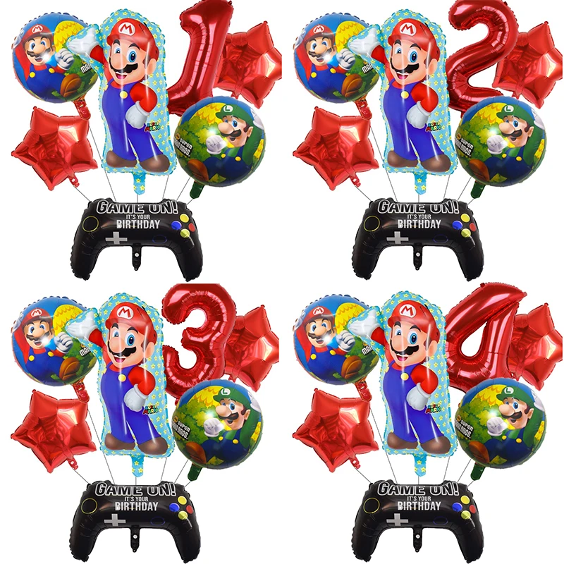 7pcs/1set Cartoon Mario Theme Red Green Star Foil Balloons Baby Shower Kids Birthday Party Background Kids Birthday Party Decors