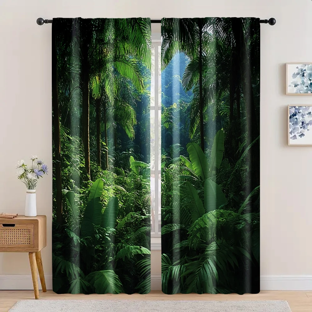 2pc,  Curtains Mystery Rainforest Jungle Forest Trees Nature Scenery 100% Polyester,Without Electricity Birthday Party Perfect