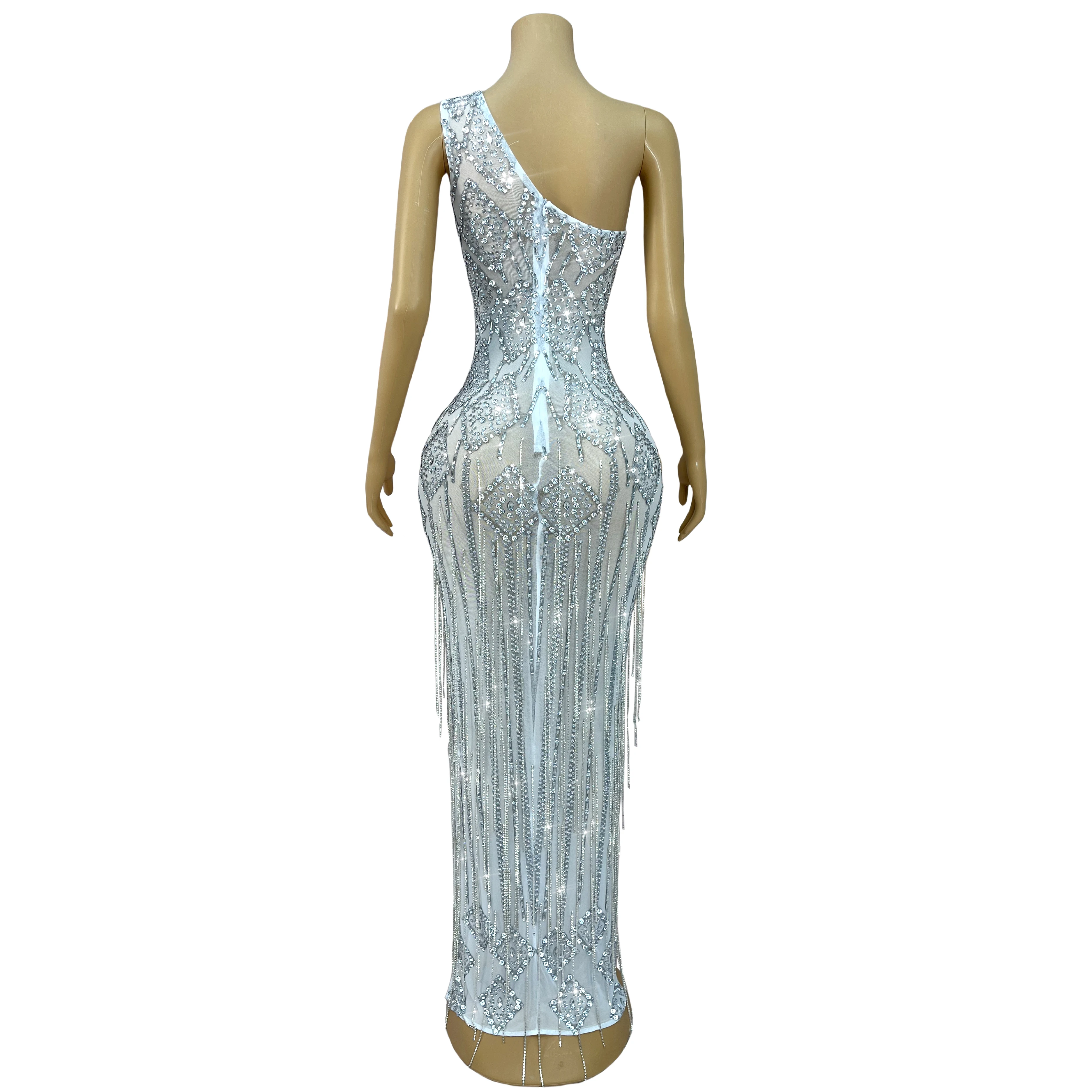 High-end evening shimmering crystal chain elegant one-shoulder dress party celebration costume wedding red carpet dress Linglian