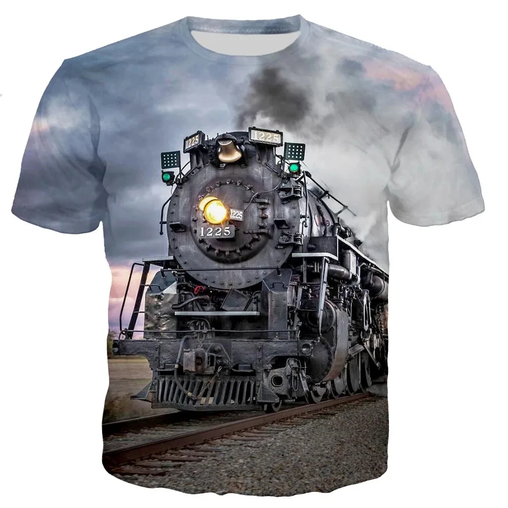 Fashion Trends Summer New Retro Train Engine Pattern Printed Men\'s T-shirt Street Fashion Cool Round Neck Plus Size Top