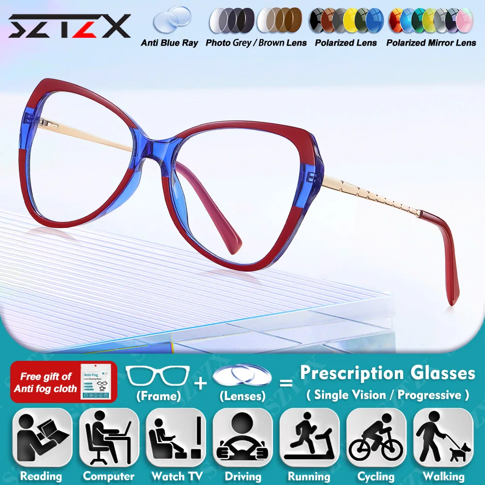 

SZTZX Classic Square Women's Myopia Prescription Reading Glasses Blue Light Blocking Photochromic Progressive Optical Eyeglasses