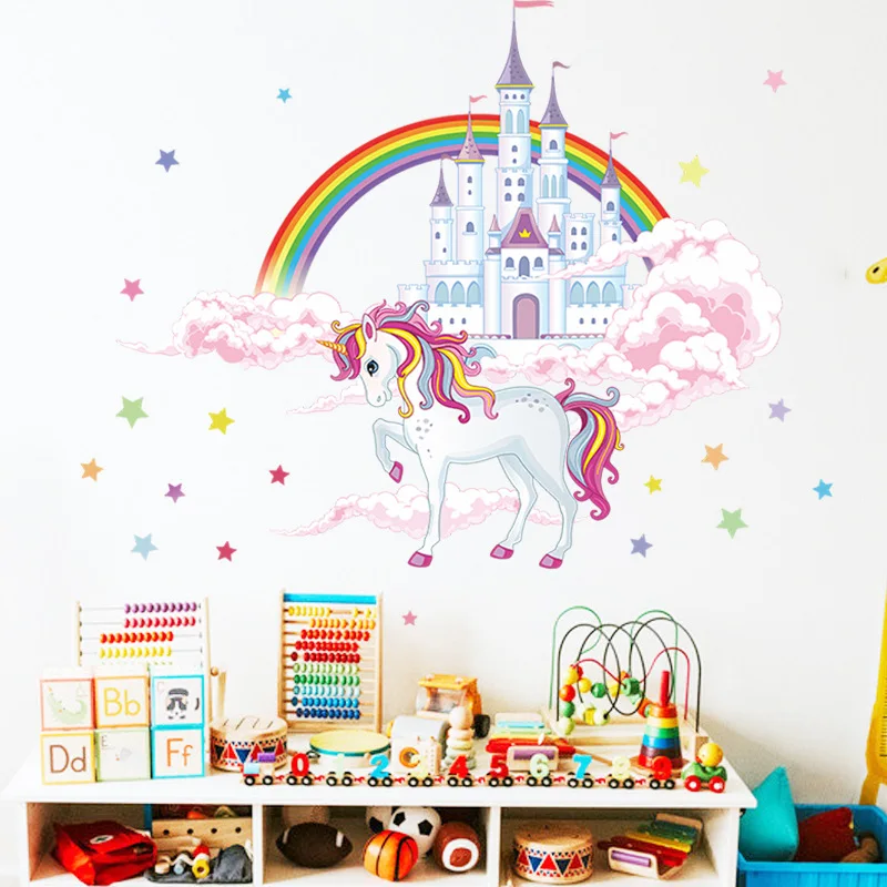 New Watercolor Cartoon Cloud Castle White Horse Wall Sticker Kindergarten Scene Layout Wallpapers