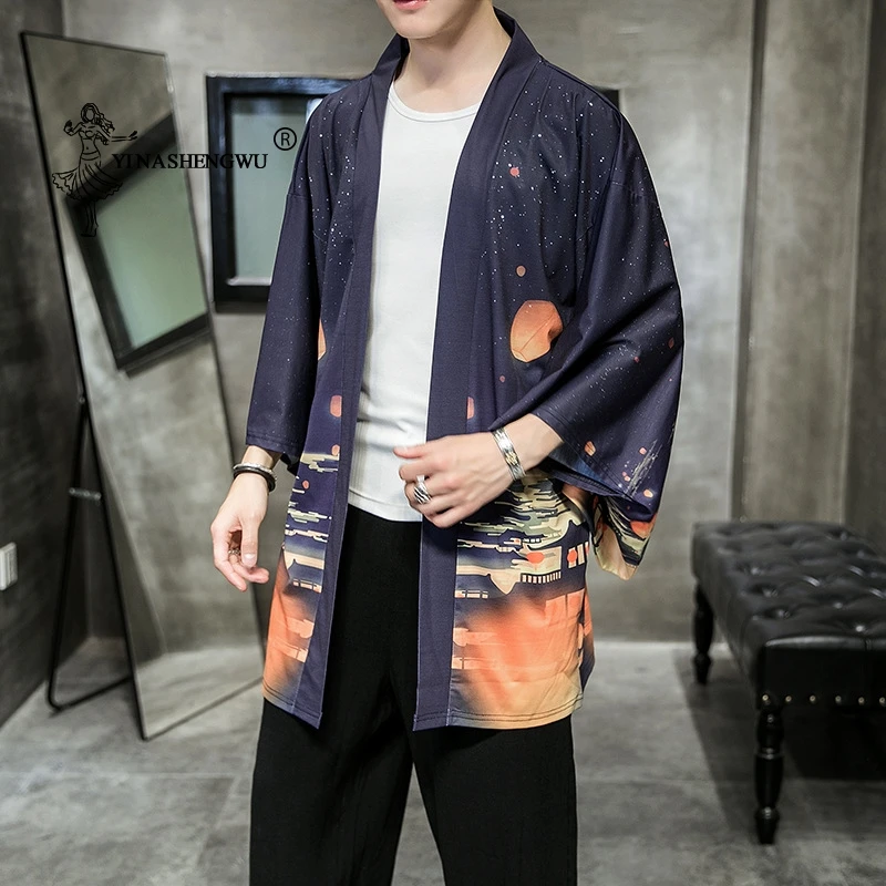 Japanese Kimono Men Yukata Print Kimono Cardigan Men Asia Kimono Cosplay Costume Top Sun Protection Shirt Beach Thin Casual Coat