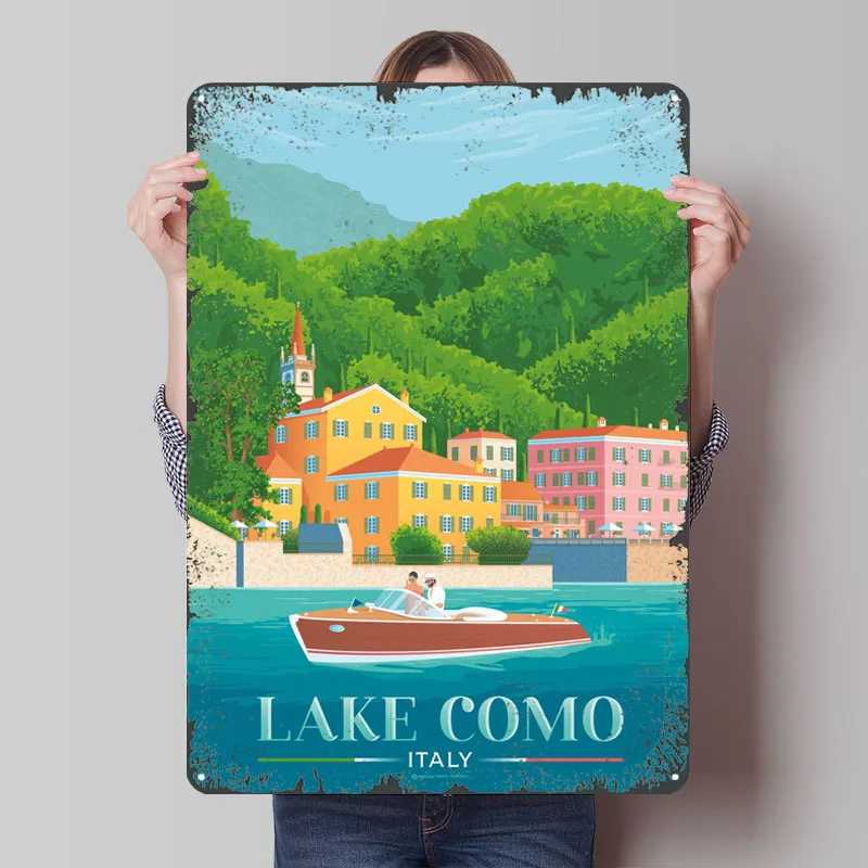 Озеро Комо, Италия, металлический постер для путешествий, украшение для спальни, гостиной, металлические жестяные вывески на заказ для настенного художественного украшения, декор для ванной комнаты